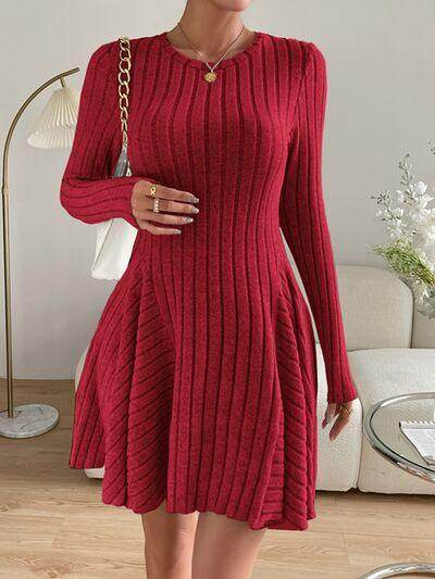 Ribbed Round Neck Long Sleeve Dress for Everyday Style - Selvanelle