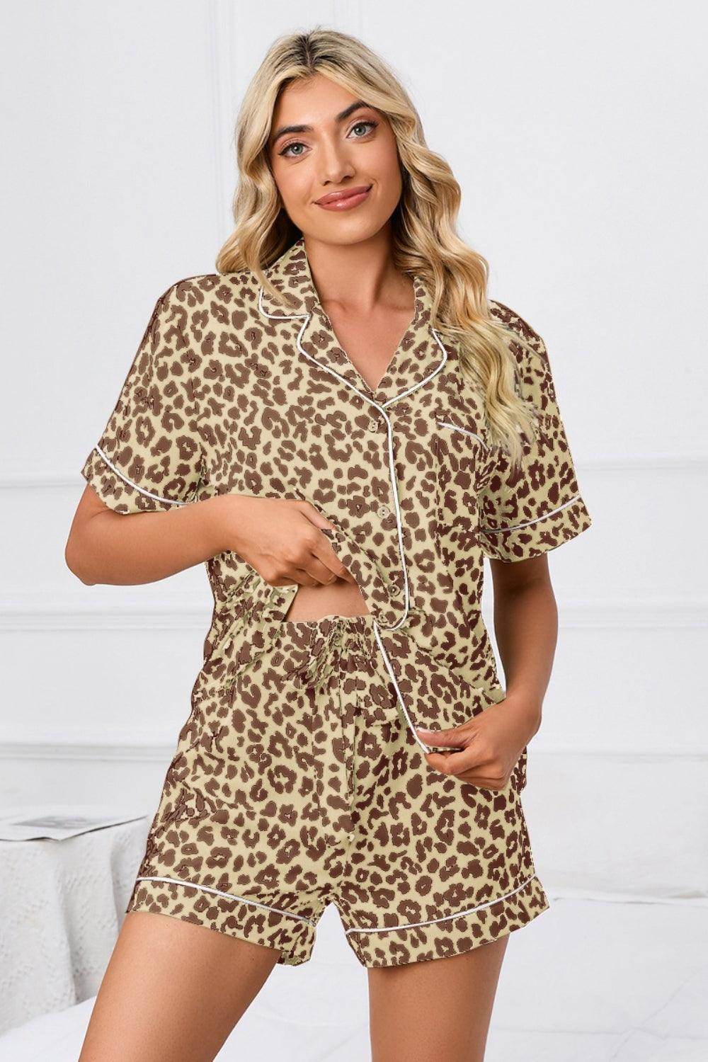 Full Size Leopard Short Sleeve Top and Shorts Lounge Set Plus Size - Selvanelle