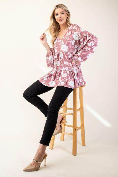 Celeste Full Size Tiered Floral V-Neck Long Sleeve Blouse - Selvanelle