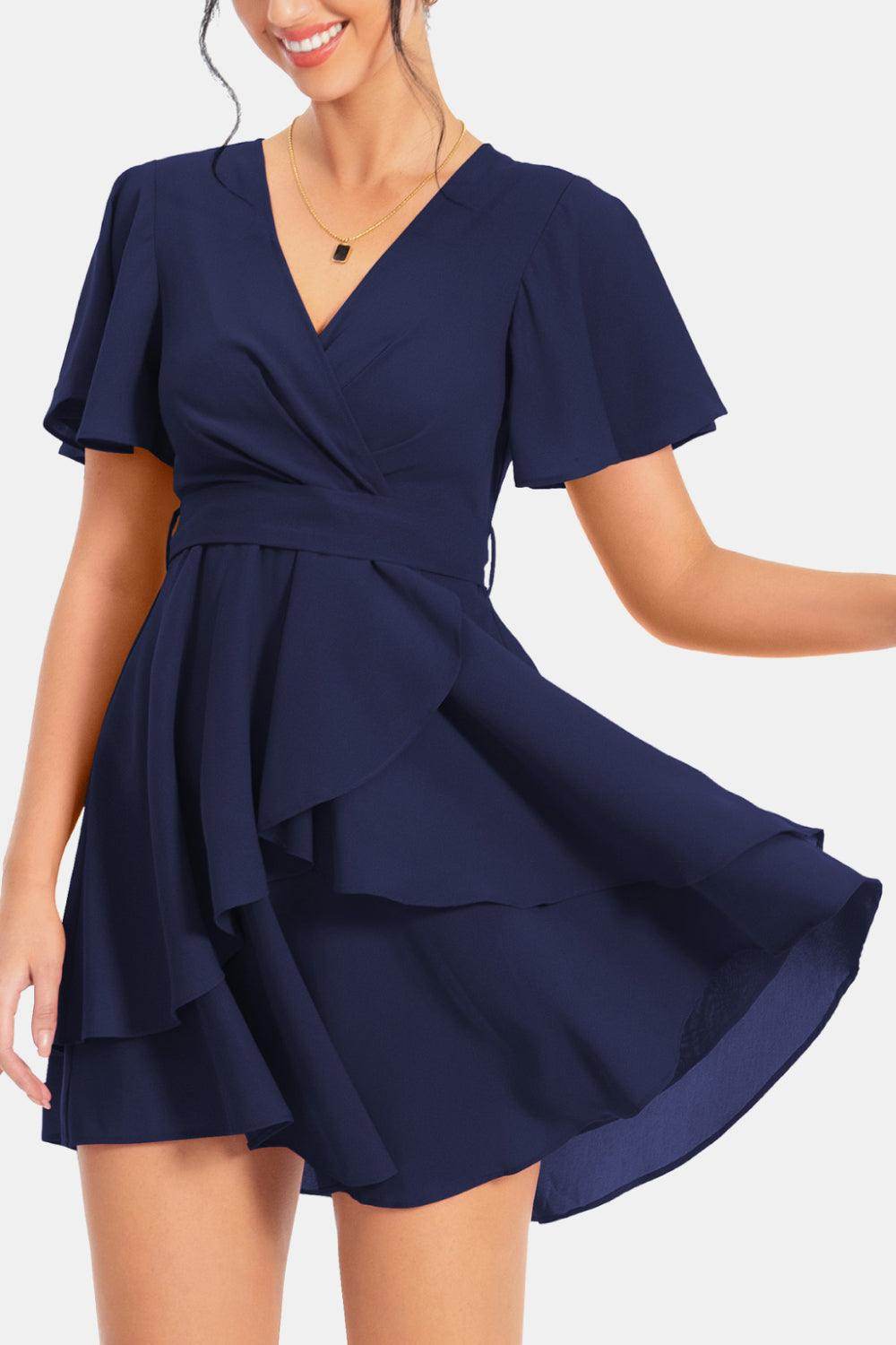 Surplice Neck Flutter Sleeve Dress for Chic Summer Style - Selvanelle