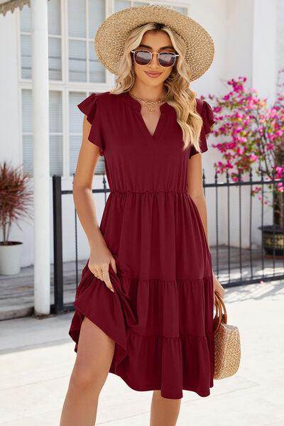 Ruched Notched Cap Sleeve Dress with Pockets and Stretch - Selvanelle