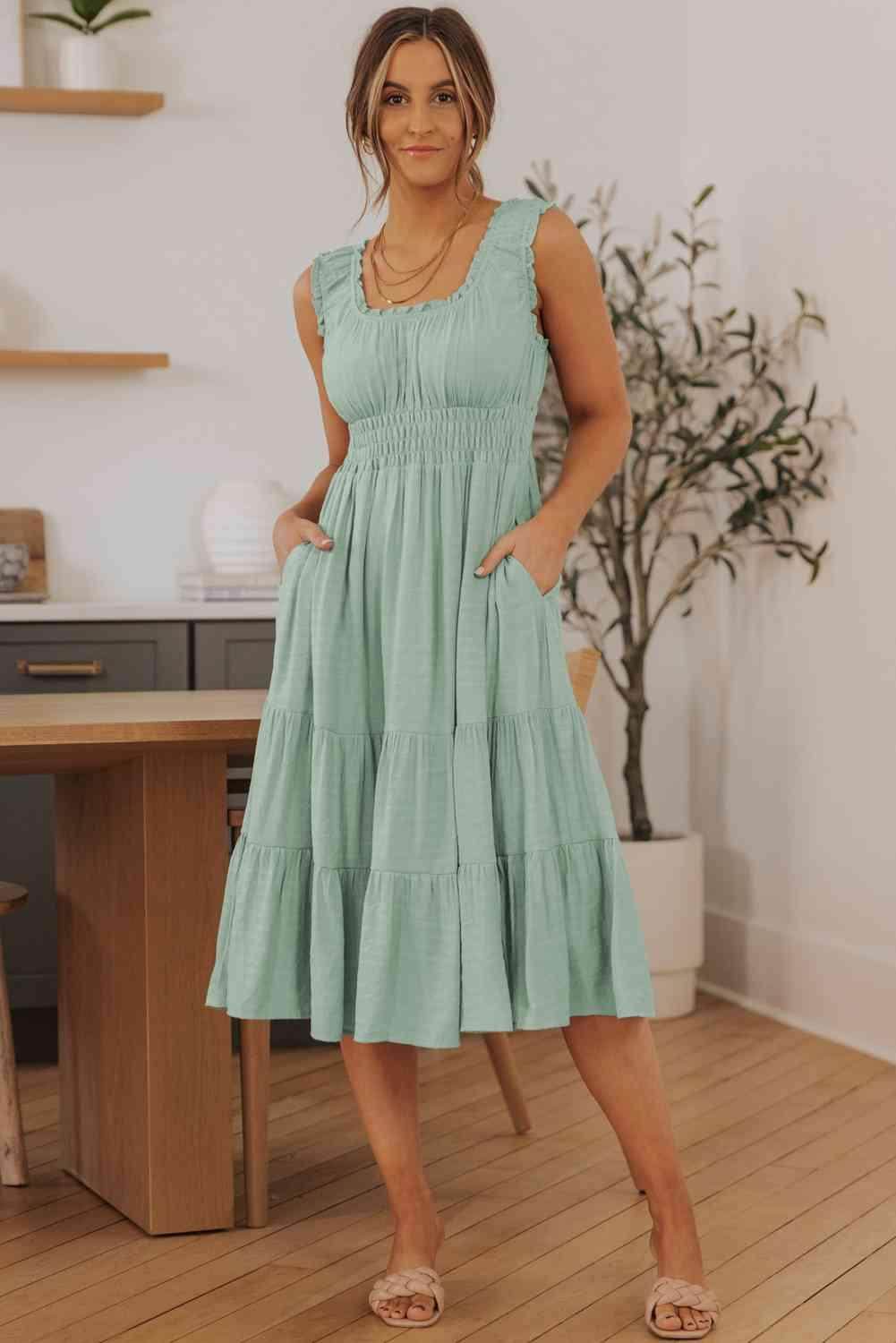 Smocked Waist Sleeveless Tiered Dress with Pockets Midi - Selvanelle