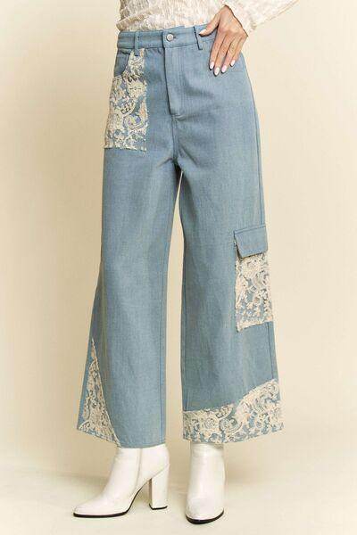 Davi & Dani Lace Applique Wide Leg Jeans for Women - Selvanelle