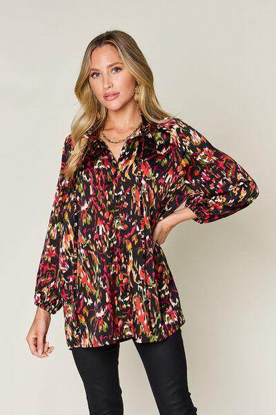 Double Take Full Size Printed Button Up Long Sleeve Shirt - Selvanelle