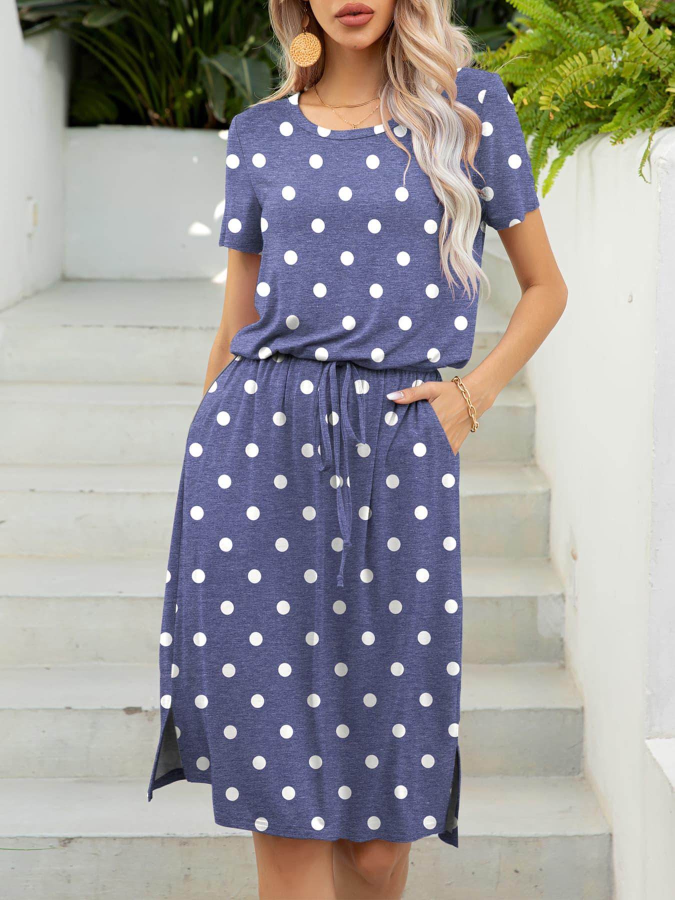 Round Neck Short Sleeve Slit Dress with Pockets for Women - Selvanelle
