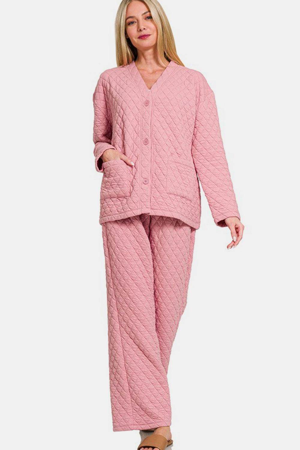 Zenana Quilted Button Up Long Sleeve Top and Pants Set - Selvanelle