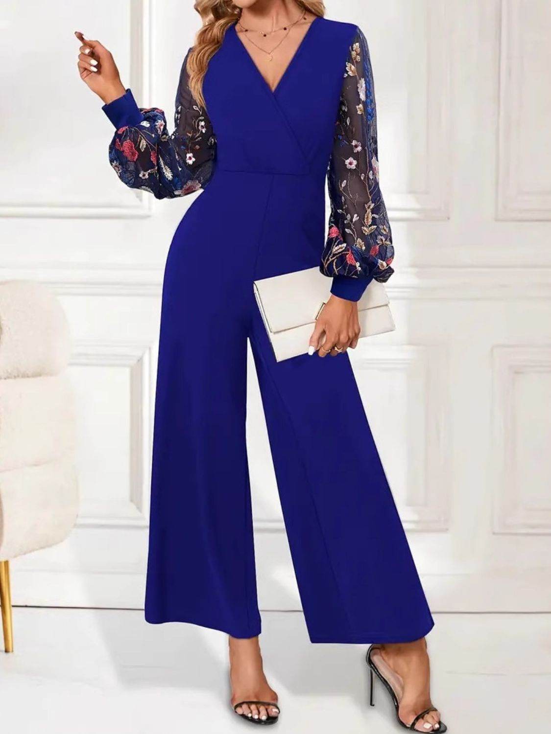 Surplice Embroidered Long Sleeve Wide Leg Jumpsuit - Selvanelle
