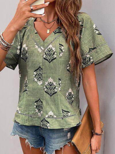 Perfee Printed V-Neck Short Sleeve Blouse for Women - Selvanelle
