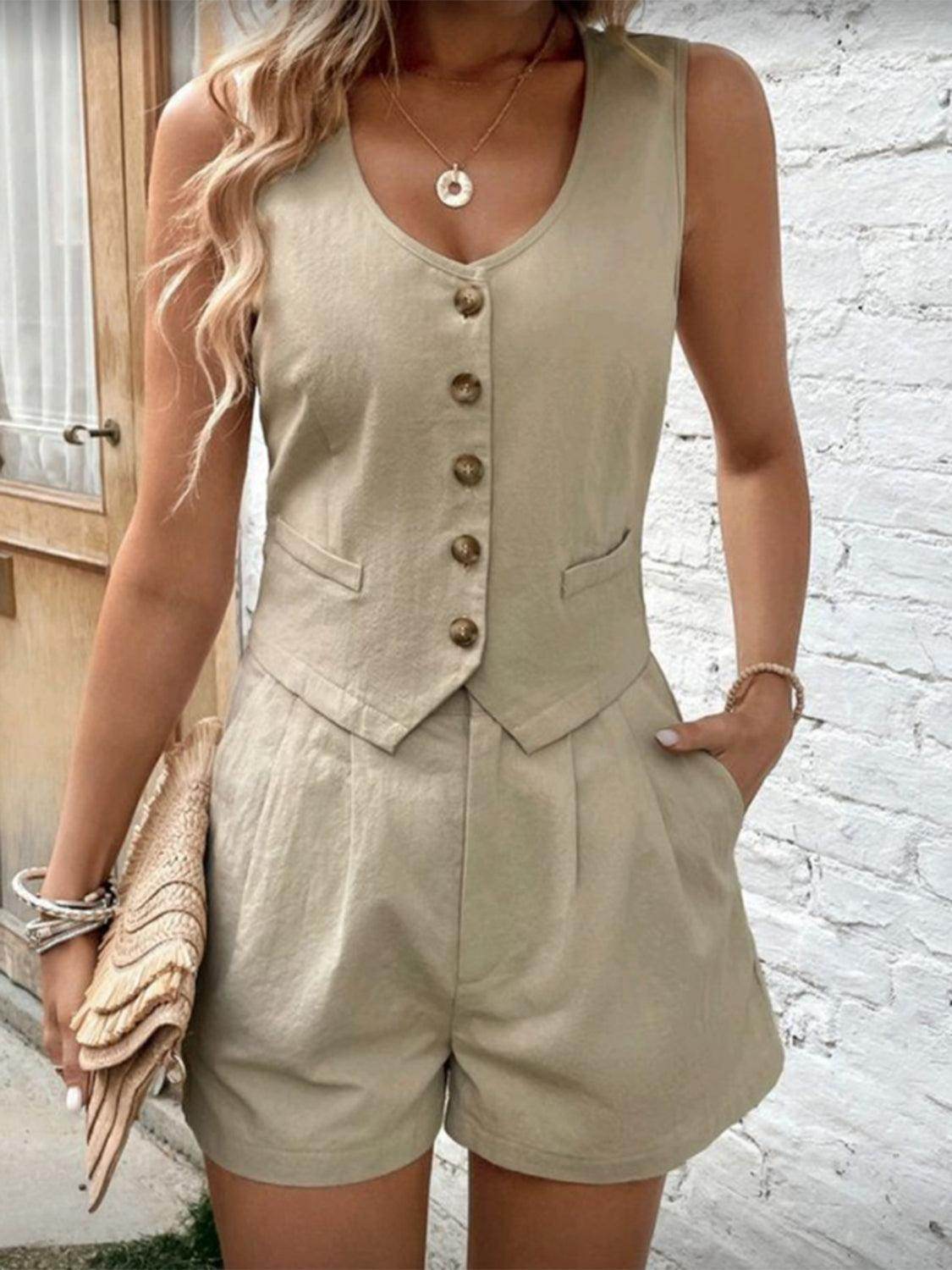 Scoop Neck Sleeveless Top and Shorts Set for Women - Selvanelle
