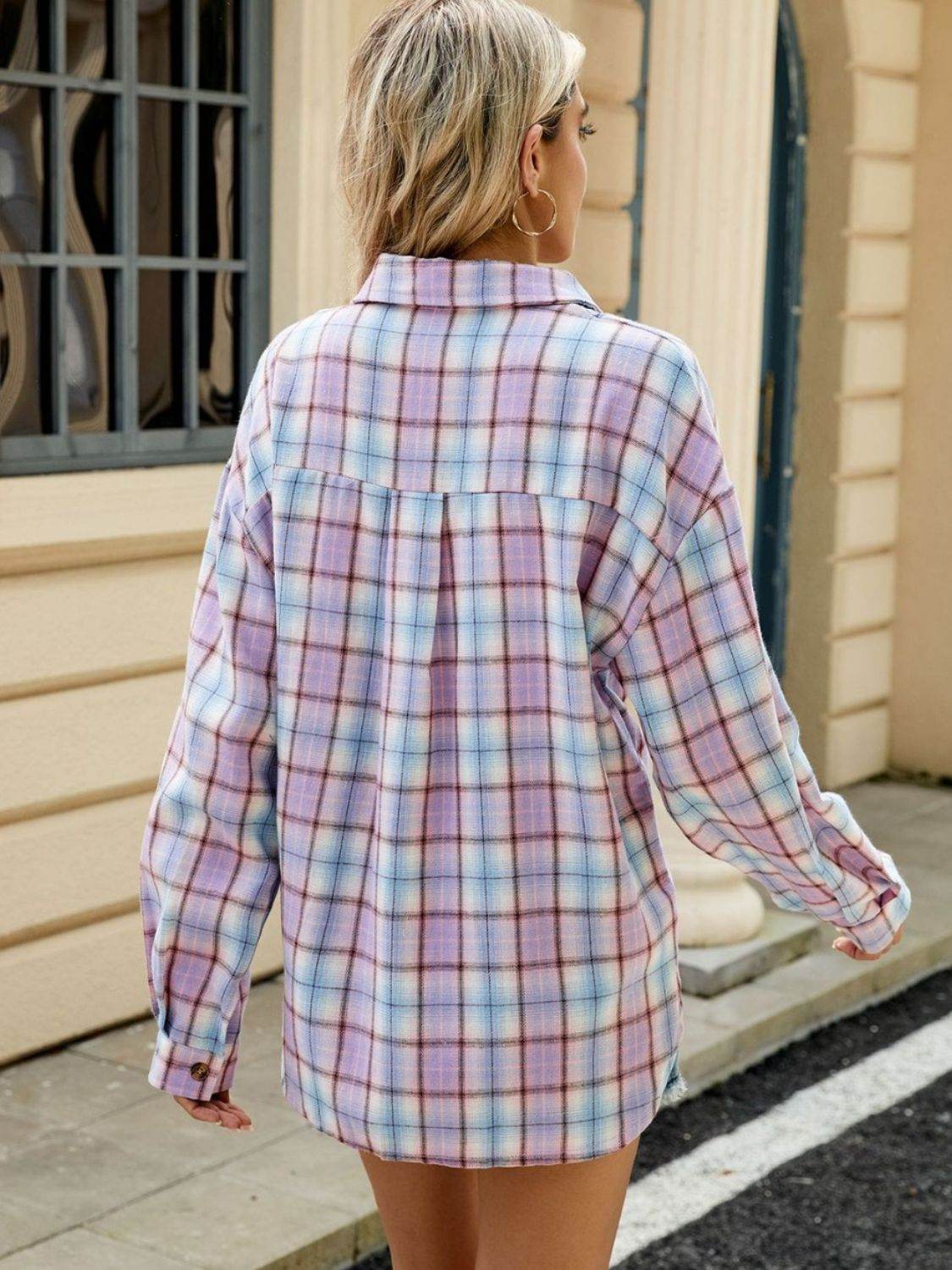 Plaid Collared Neck Long Sleeve Shirt - Selvanelle