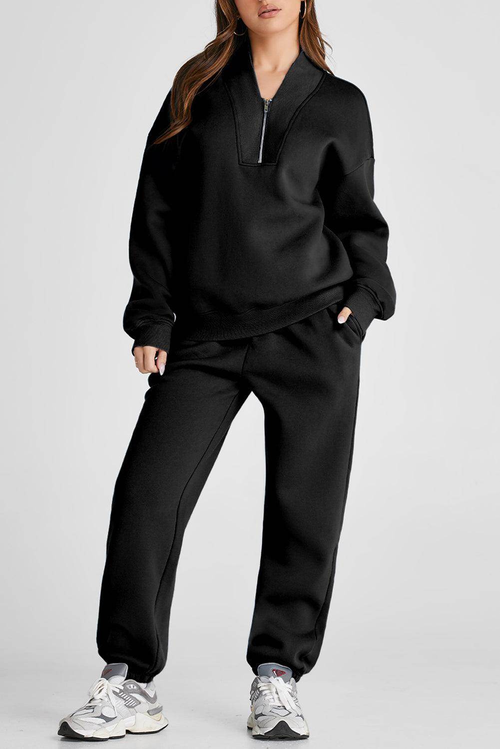 Quarter Zip Long Sleeve Top and Pants Set for Women - Selvanelle