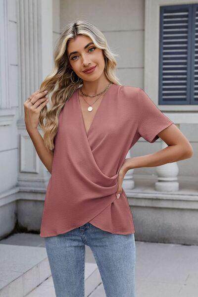 Solid Color Surplice Short Sleeve Blouse for Women - Selvanelle