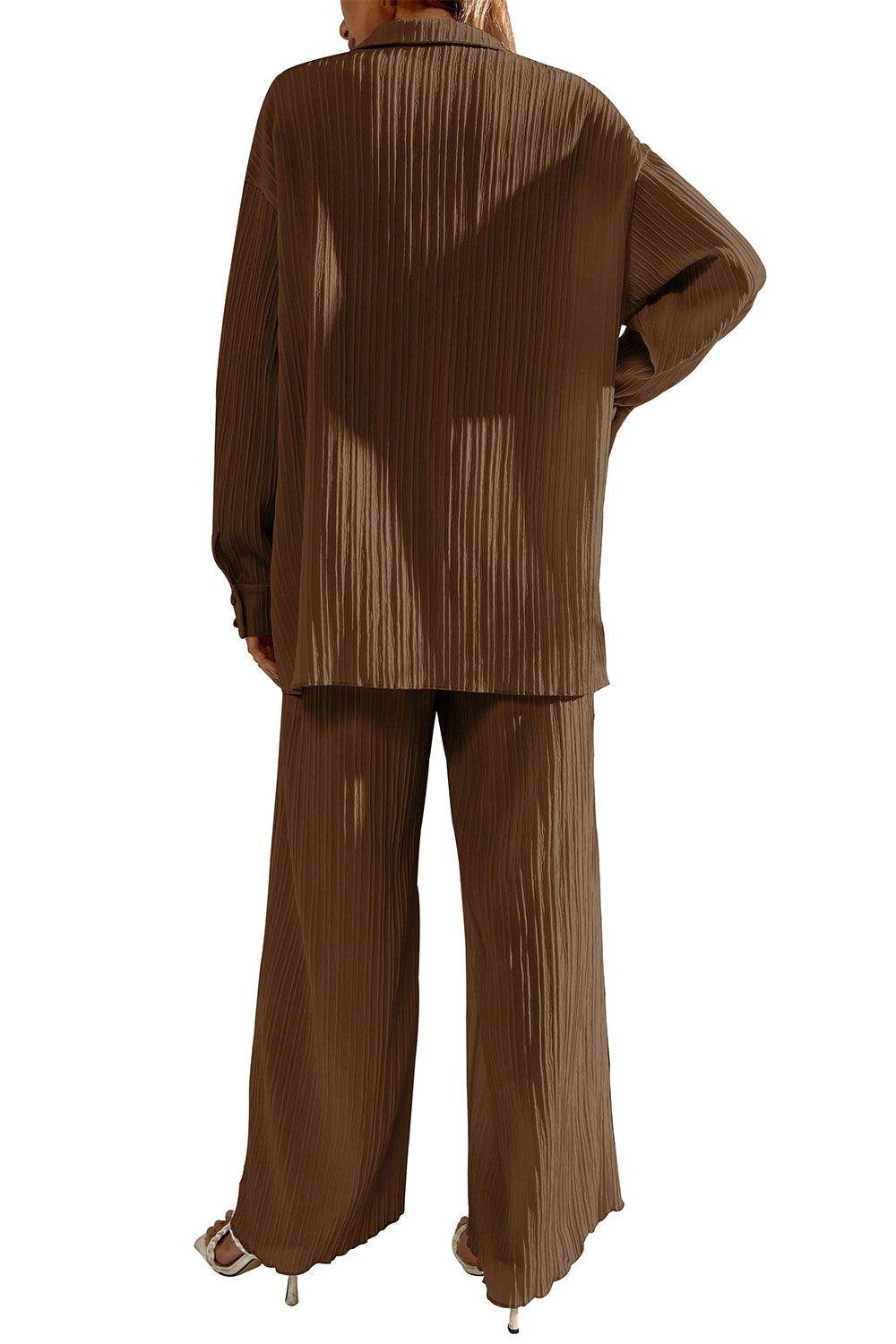 Johnny Collar Button Down Top and Pants Set for Women - Selvanelle