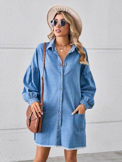 Button Up Pocketed Raw Hem Denim Dress for Women - Selvanelle
