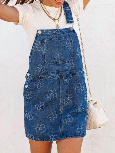 Flower Wide Strap Denim Overall Dress with Pockets for Women - Selvanelle