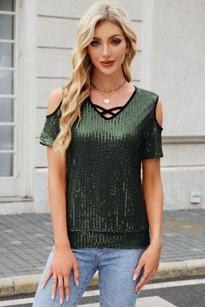Sequin Cold Shoulder Short Sleeve Blouse for Women - Selvanelle