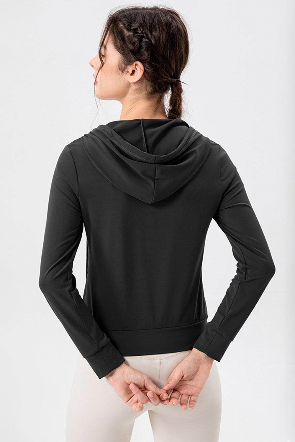 Drawstring Zip Up Hooded Active Outerwear for Women - Selvanelle