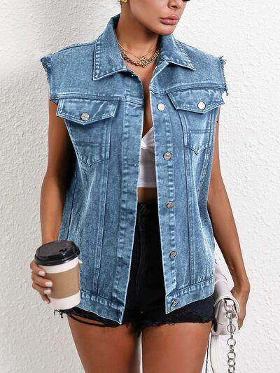 Pocketed Collared Neck Sleeveless Denim Top for Women - Selvanelle