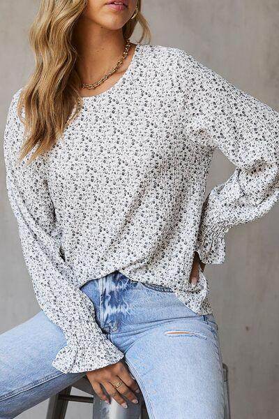 Printed Round Neck Flounce Sleeve Blouse for Women - Selvanelle