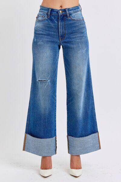 Judy Blue Full Size Distressed High Waist Wide Leg Jeans - Selvanelle