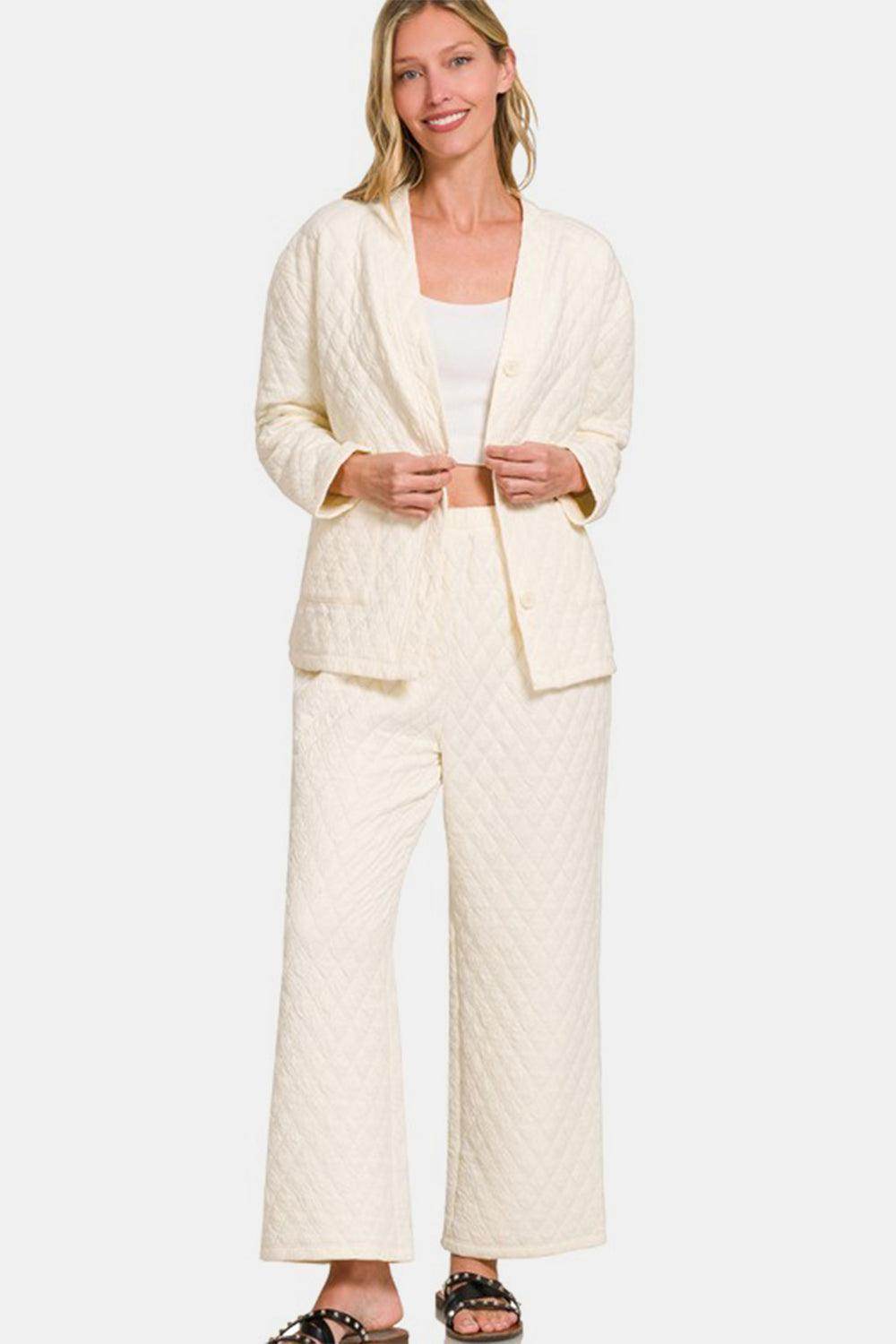 Zenana Quilted Button Up Long Sleeve Top and Pants Set - Selvanelle