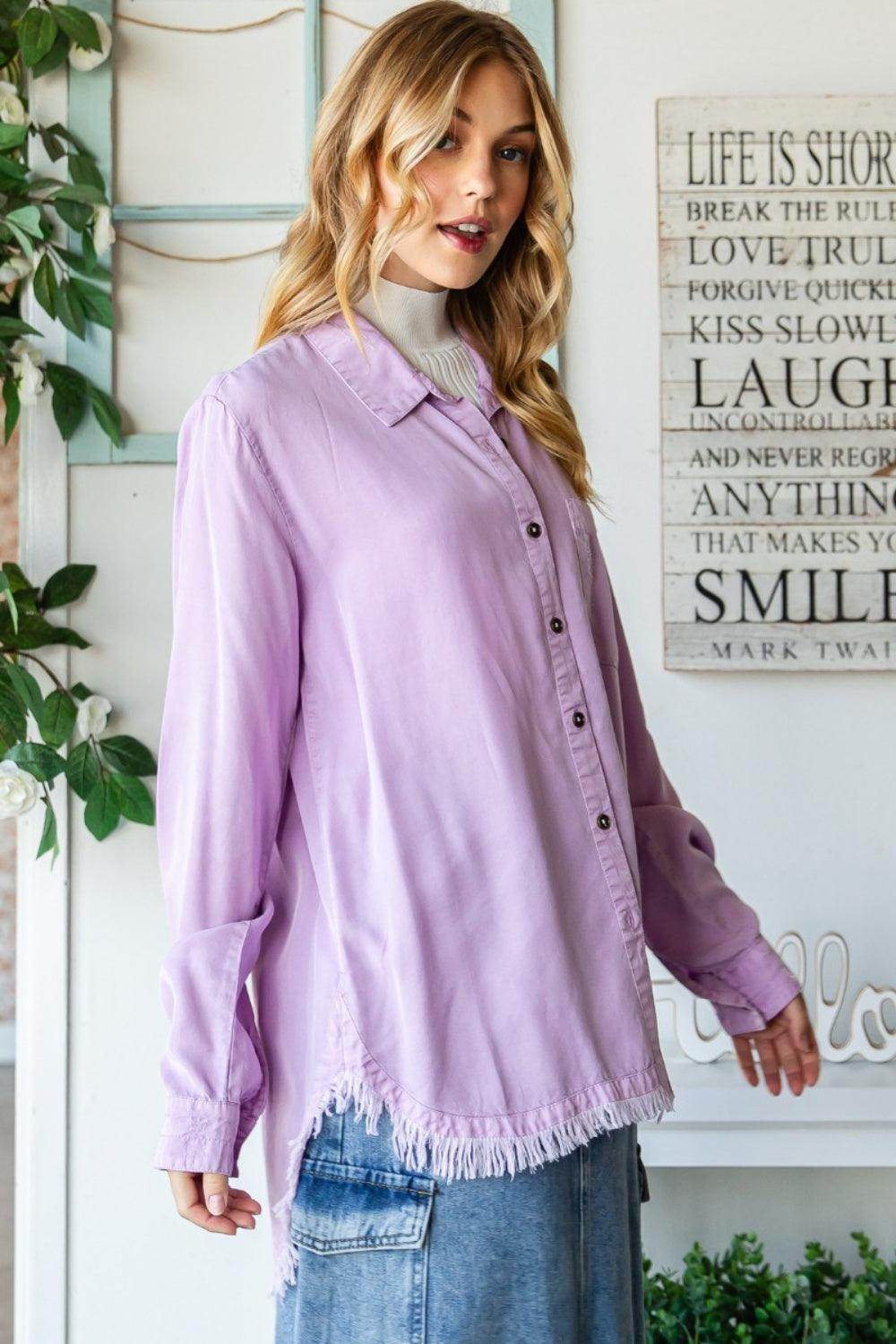 Veveret Raw Hem Button Up Long Sleeve Shirt for Women - Selvanelle