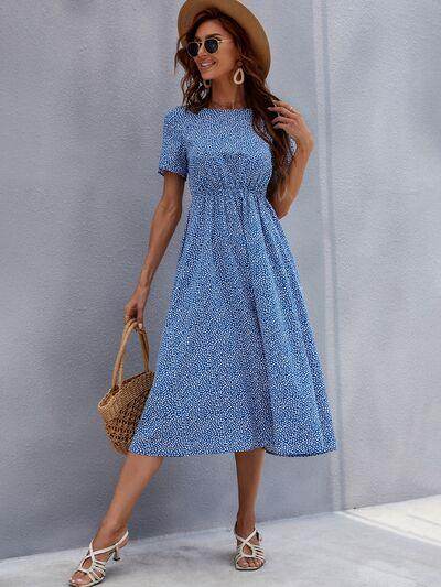 Honey Printed Round Neck Short Sleeve Midi Dress for Women - Selvanelle
