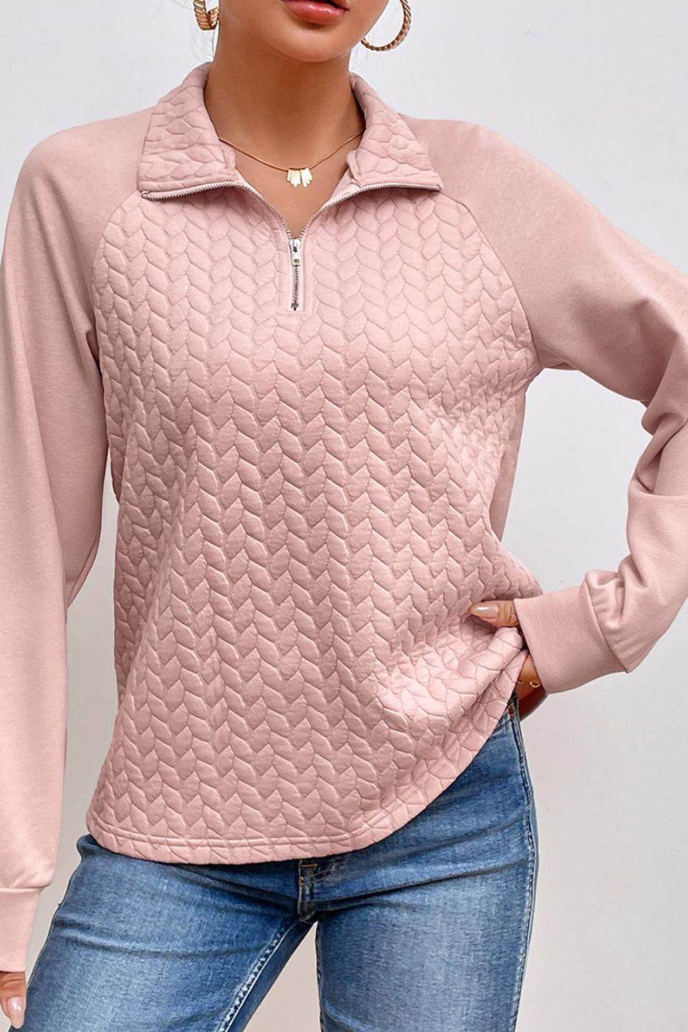Textured Quarter Zip Long Sleeve Sweatshirt for Women - Selvanelle