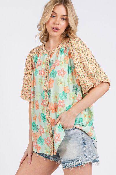 SAGE+FIG Button Down Bubble Sleeves Shirt for Women - Selvanelle