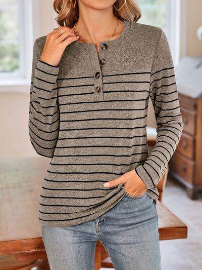 Lovelet Quarter Button Striped Round Neck Long Sleeve T-Shirt - Selvanelle