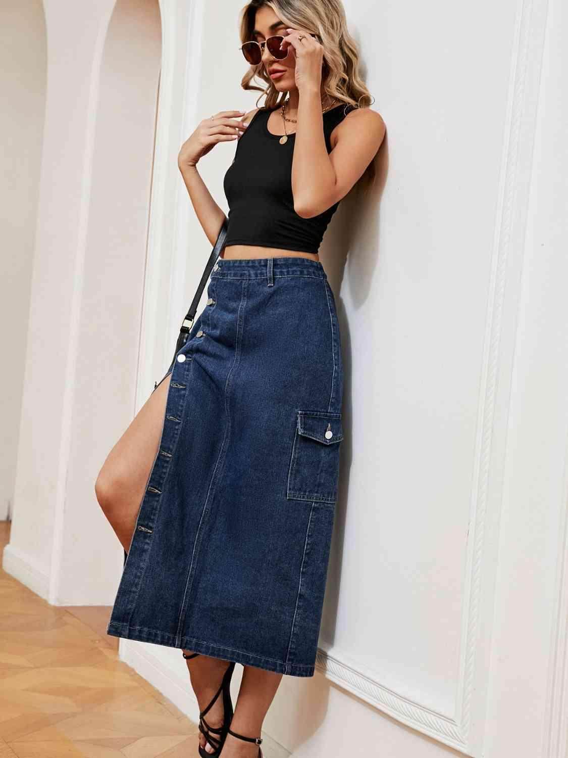 Button Down Midi Denim Skirt with Pockets and Button Detail - Selvanelle