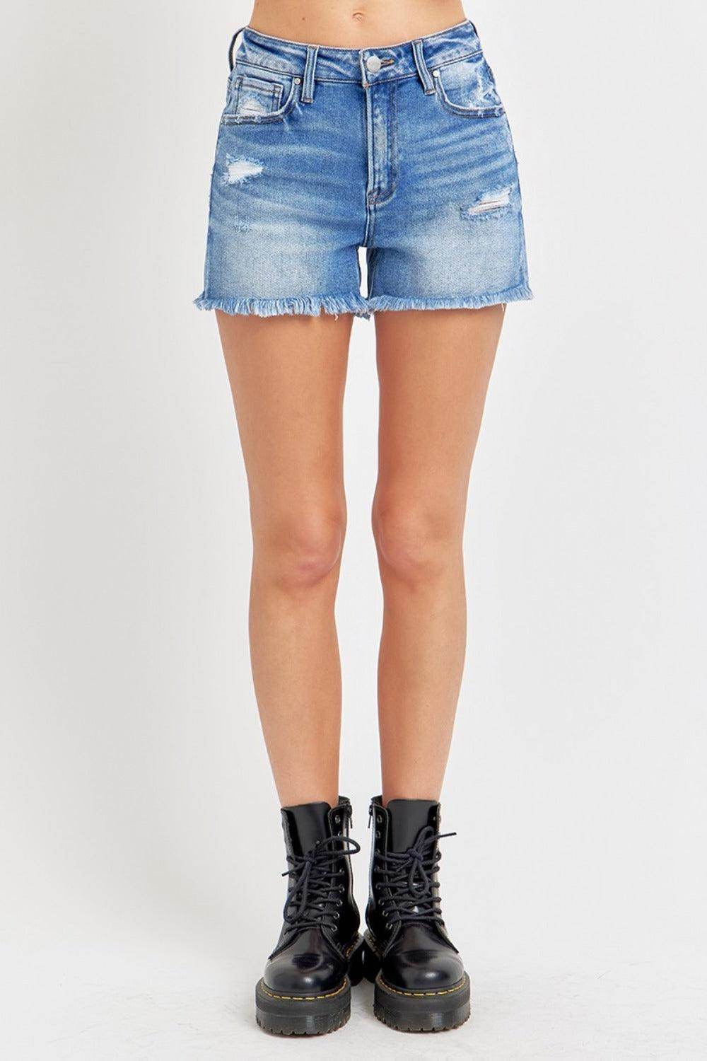 RISEN Full Size High Rise Distressed Raw Hem Denim Shorts - Selvanelle