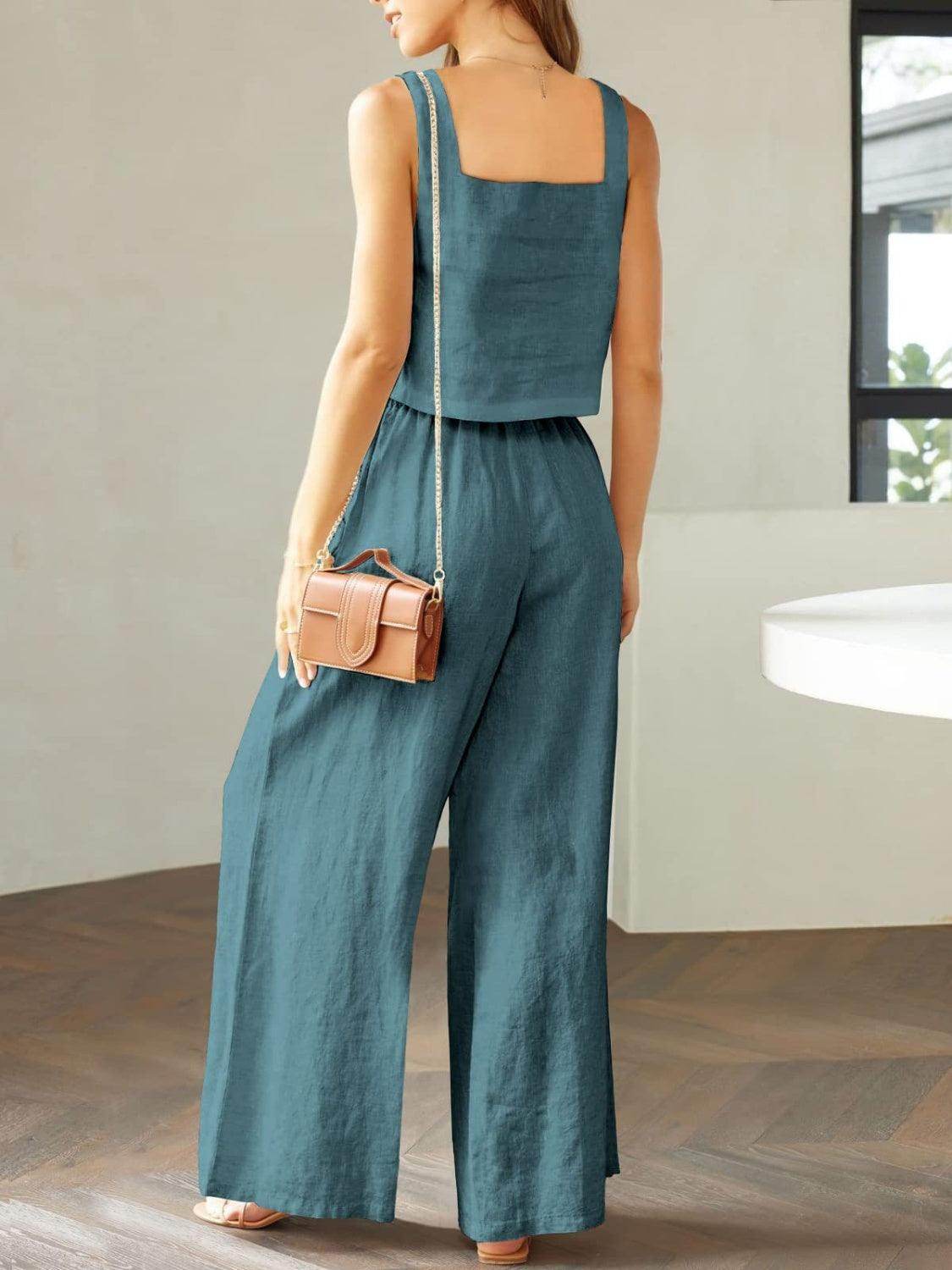 Square Neck Top and Wide Leg Pants Set for Women - Selvanelle