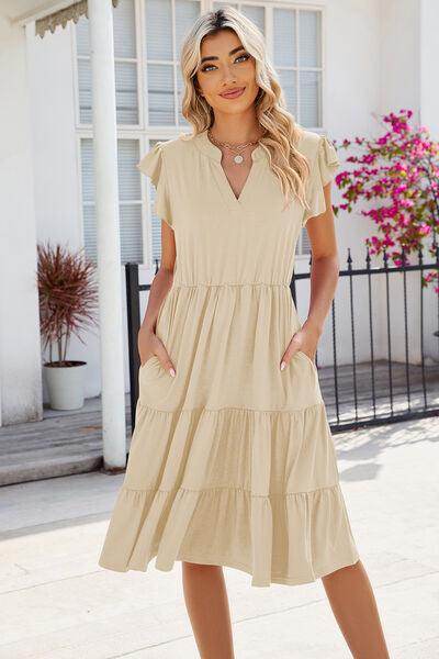 Ruched Notched Cap Sleeve Dress with Pockets and Stretch - Selvanelle