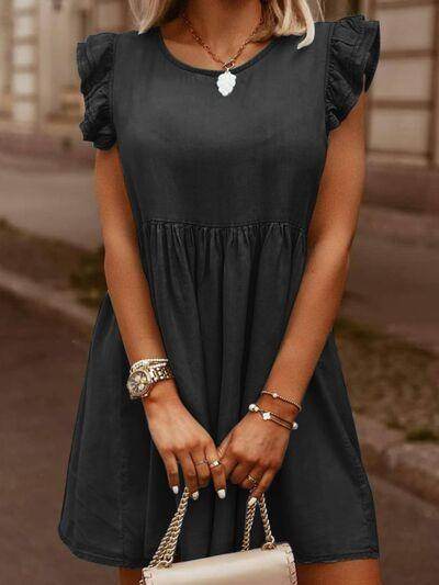 Full Size Ruffled Round Neck Cap Sleeve Denim Dress for Women - Selvanelle