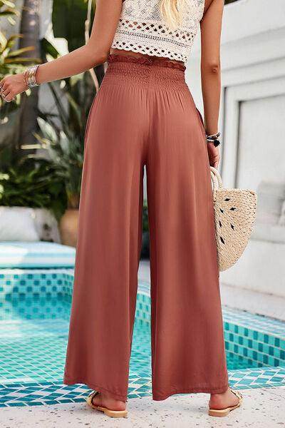 Devine Smocked Wide Leg Pants with Pockets for Women - Selvanelle