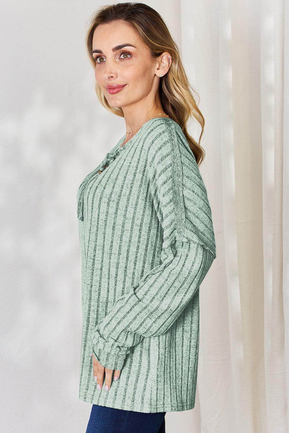 Basic Bae Full Size Ribbed Half Button Long Sleeve T-Shirt - Selvanelle