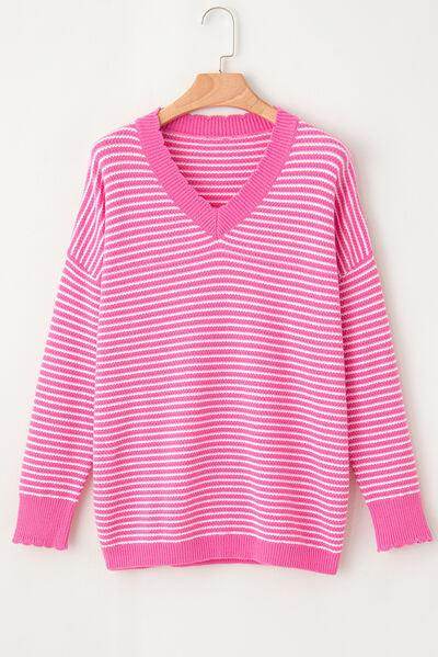 Striped V-Neck Dropped Shoulder Sweater for Women - Selvanelle