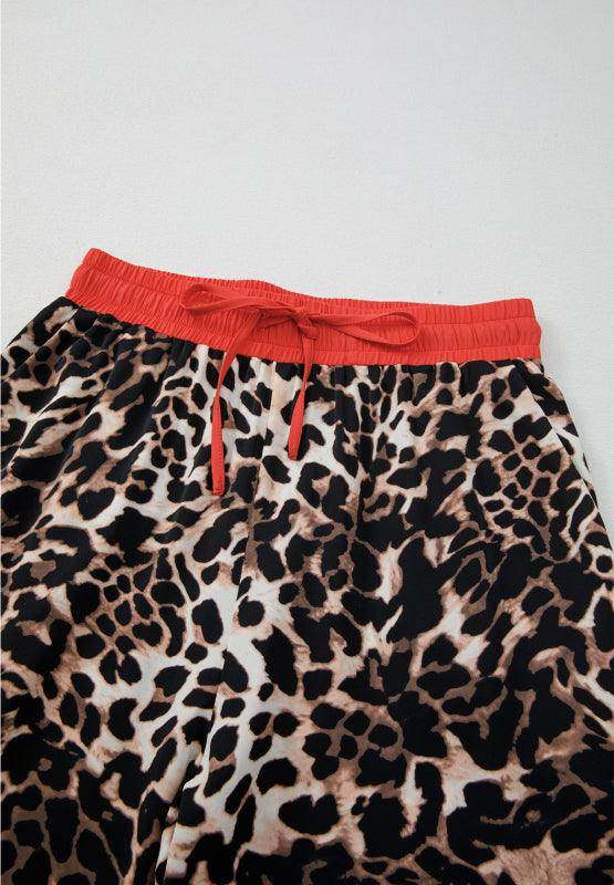 Contrast Trim Leopard Round Neck Top and Pants Lounge Set - Selvanelle