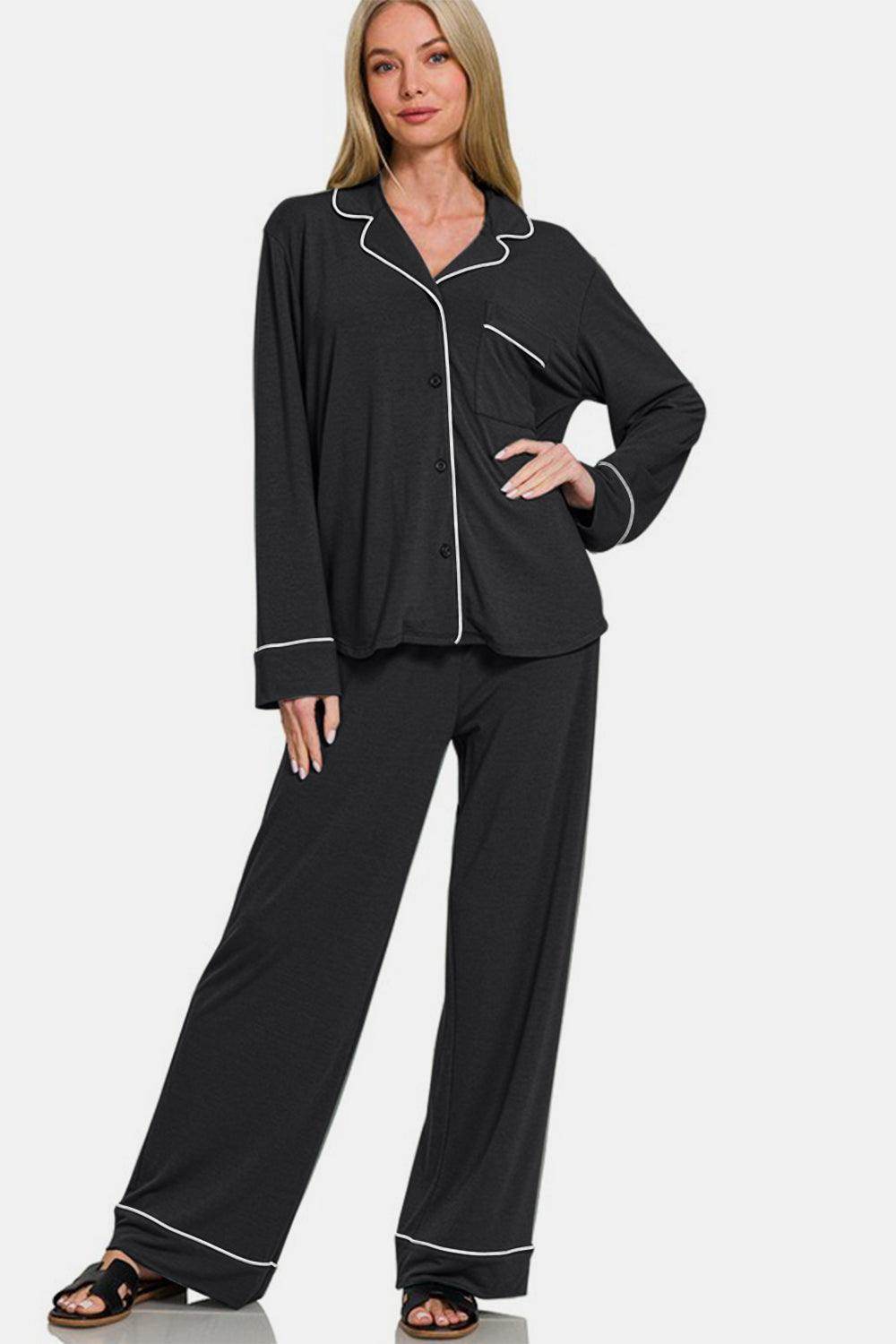 Zenana Button Down Long Sleeve Top and Pants Lounge Set - Selvanelle