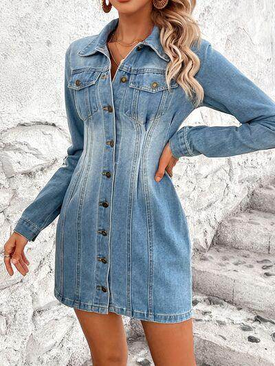 Pocketed Button Up Long Sleeve Denim Dress for Women - Selvanelle