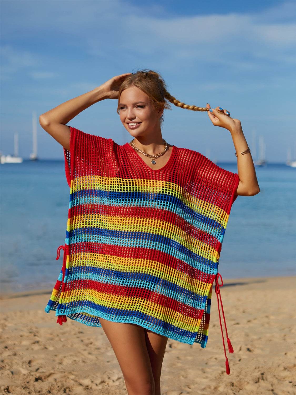 Angel Wings Cutout Striped Cover-Up with Tassel - Selvanelle