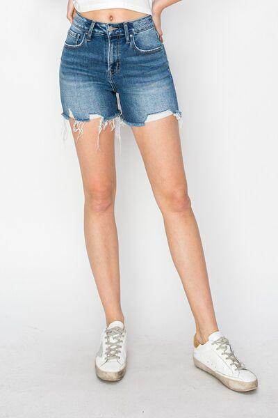 RISEN High Rise Raw Hem Distressed Denim Shorts for Women - Selvanelle