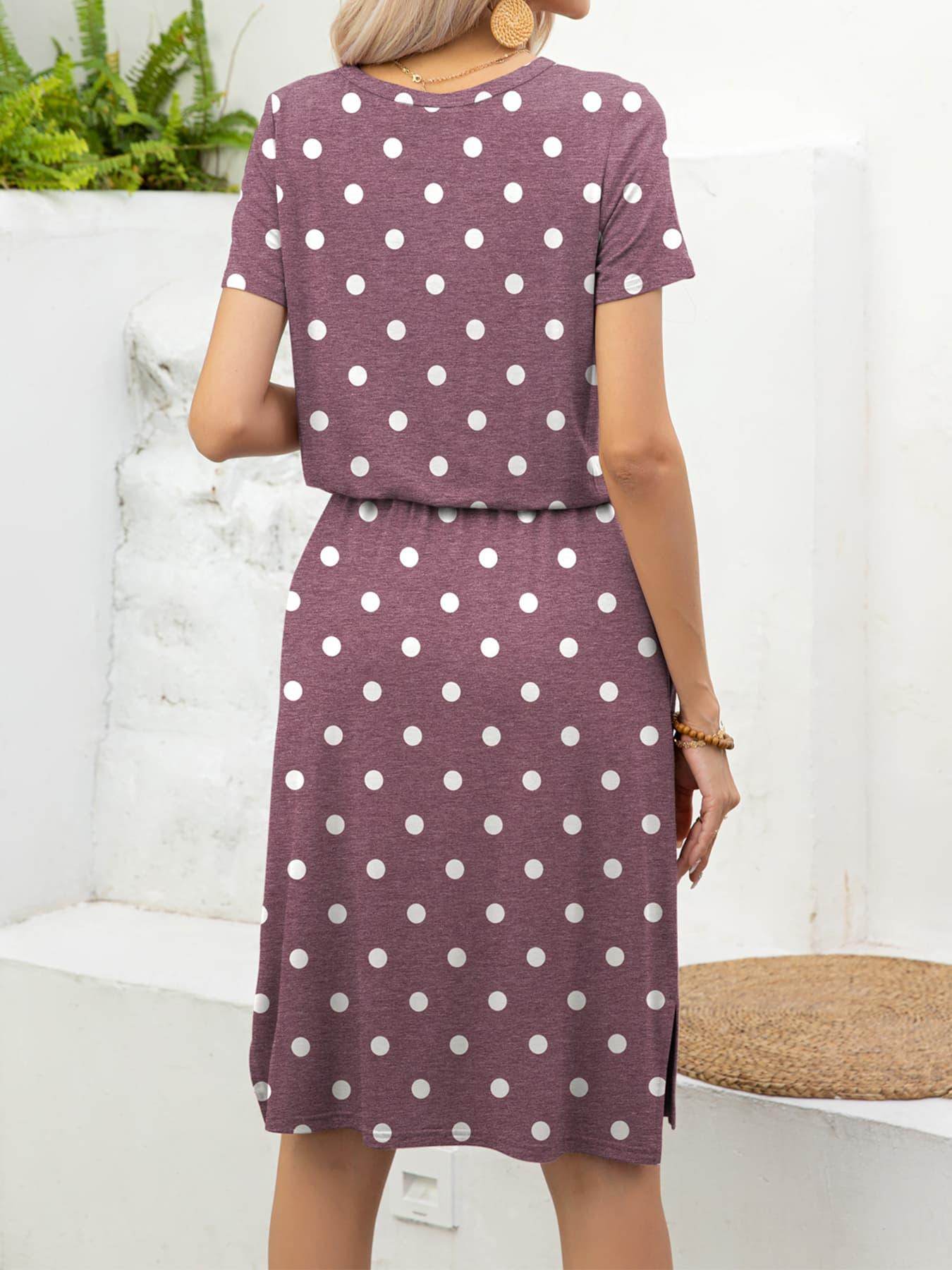Round Neck Short Sleeve Slit Dress with Pockets for Women - Selvanelle