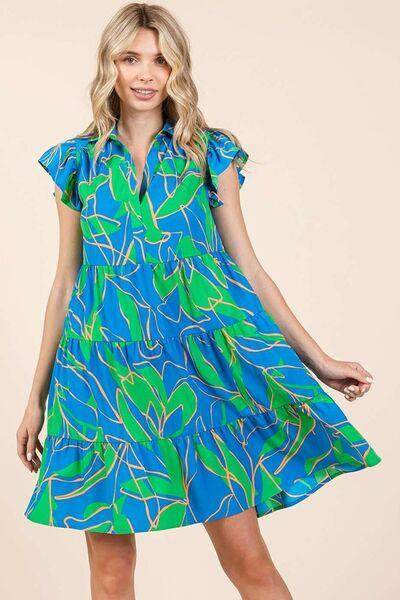 Mittoshop Leaf Print Ruffle Sleeve Tiered Mini Dress for Women - Selvanelle