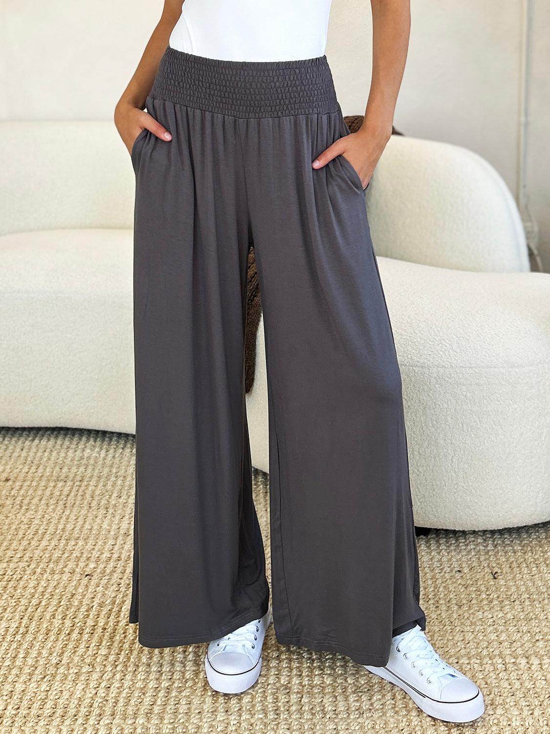 Double Take Full Size Smocked Wide Waistband Wide Leg Pants - Selvanelle