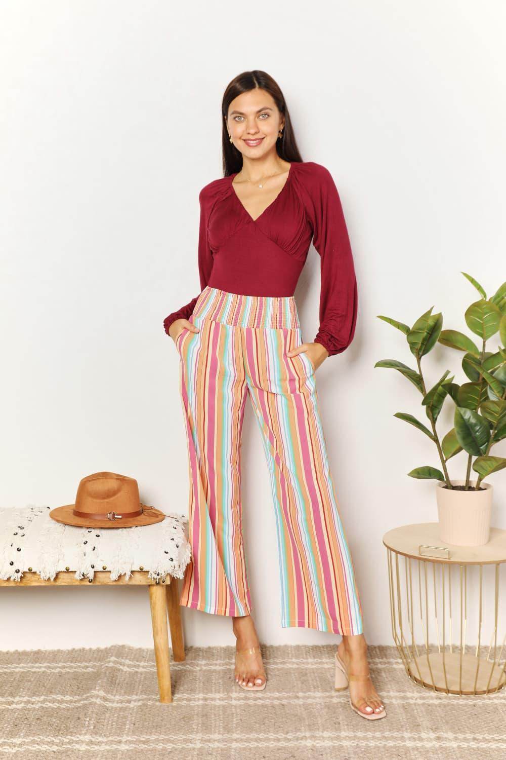 Double Take Striped Smocked Waist Pants with Pockets Stylish - Selvanelle