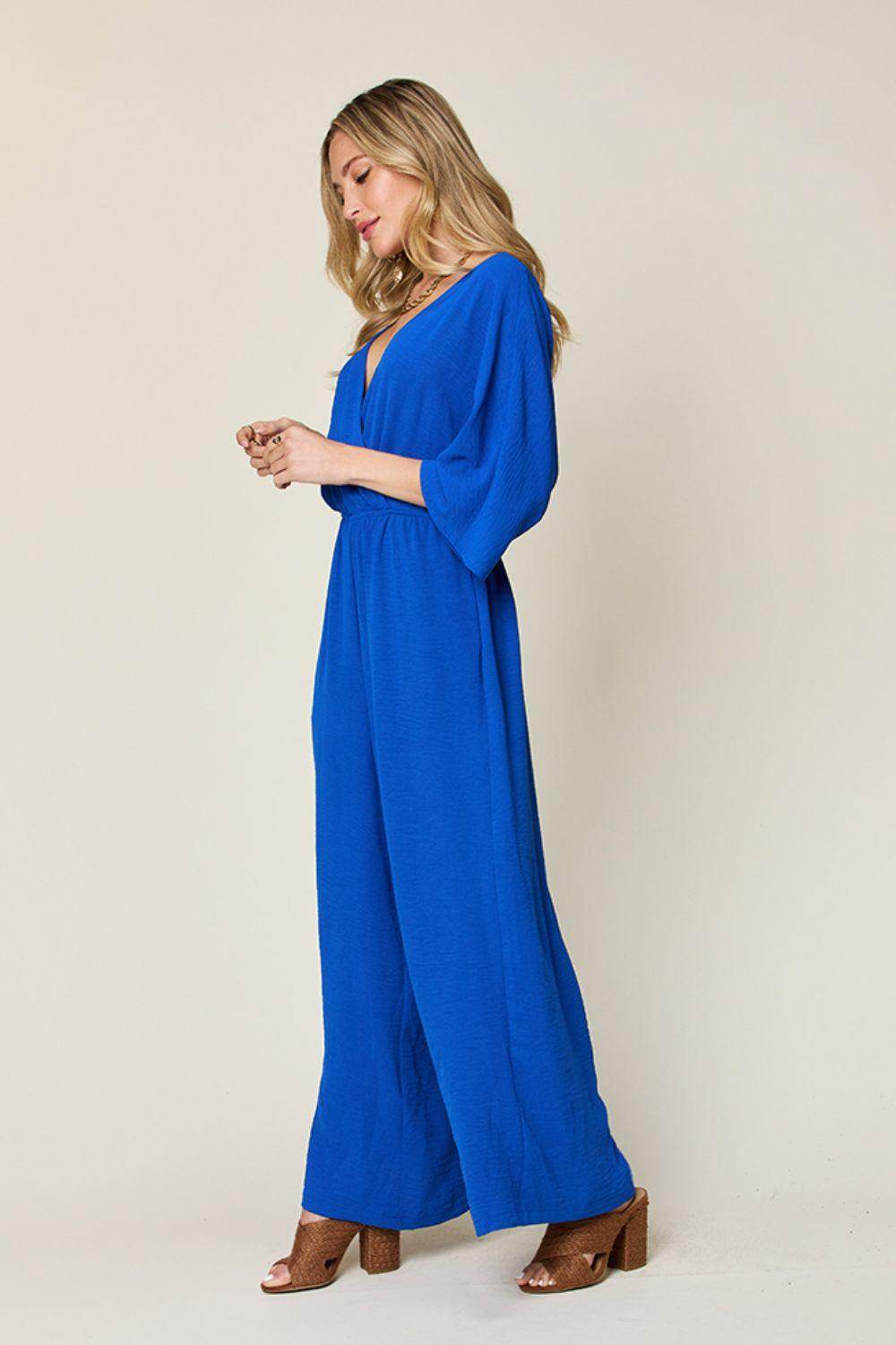 Double Take Full Size Surplice Wide Leg Jumpsuit with Pockets - Selvanelle