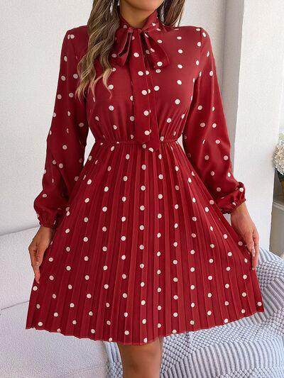 Polka Dot Tie Neck Pleated Dress for Stylish Occasions - Selvanelle