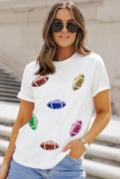 Sequin Football Round Neck Short Sleeve T-Shirt for Women - Selvanelle
